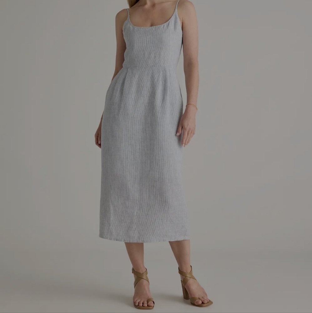 Quince - 100% European Linen Scoop Neck Midi Dress Blue Pinstripe